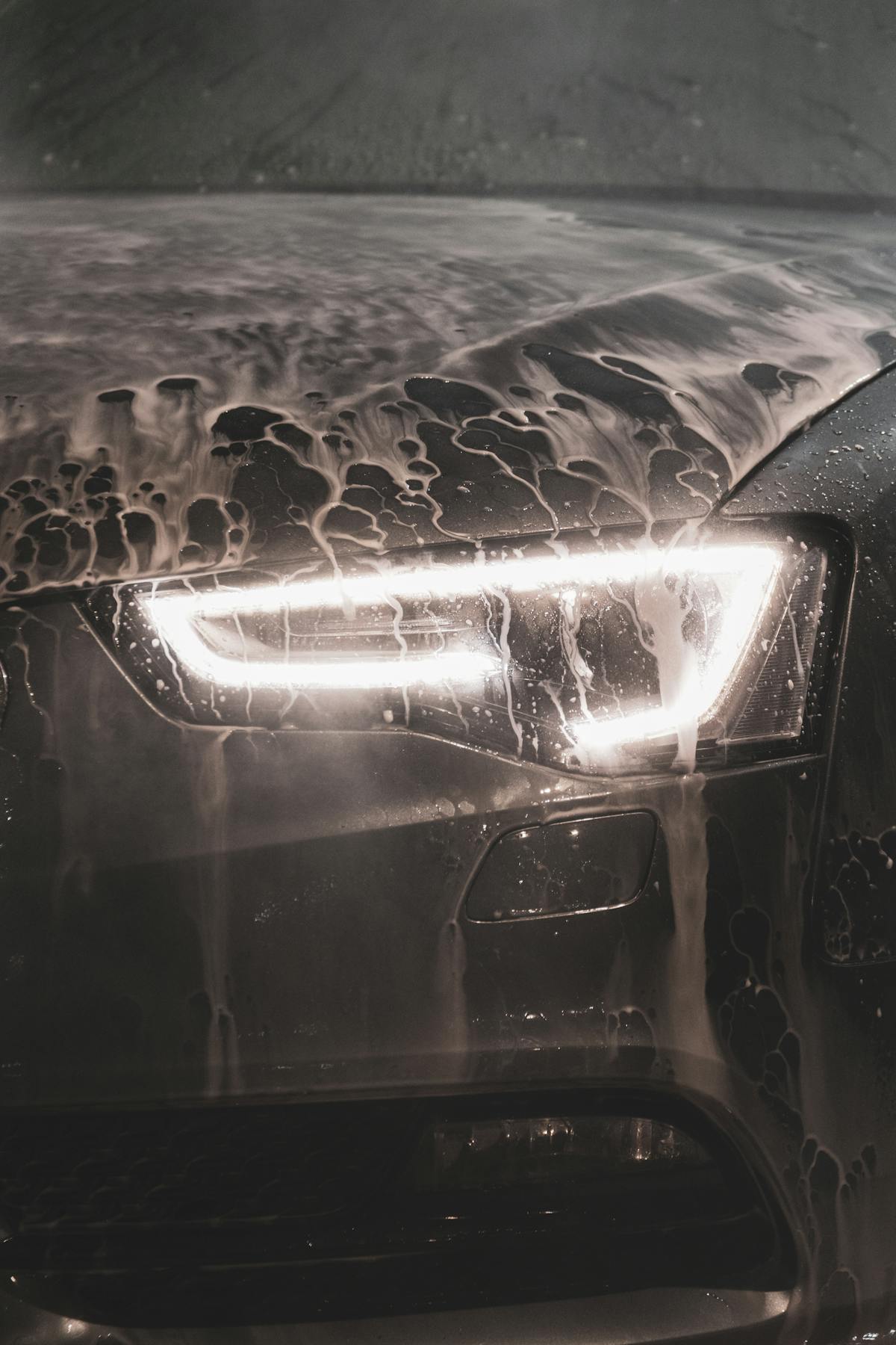 Foam on a vehicle headlight and hood