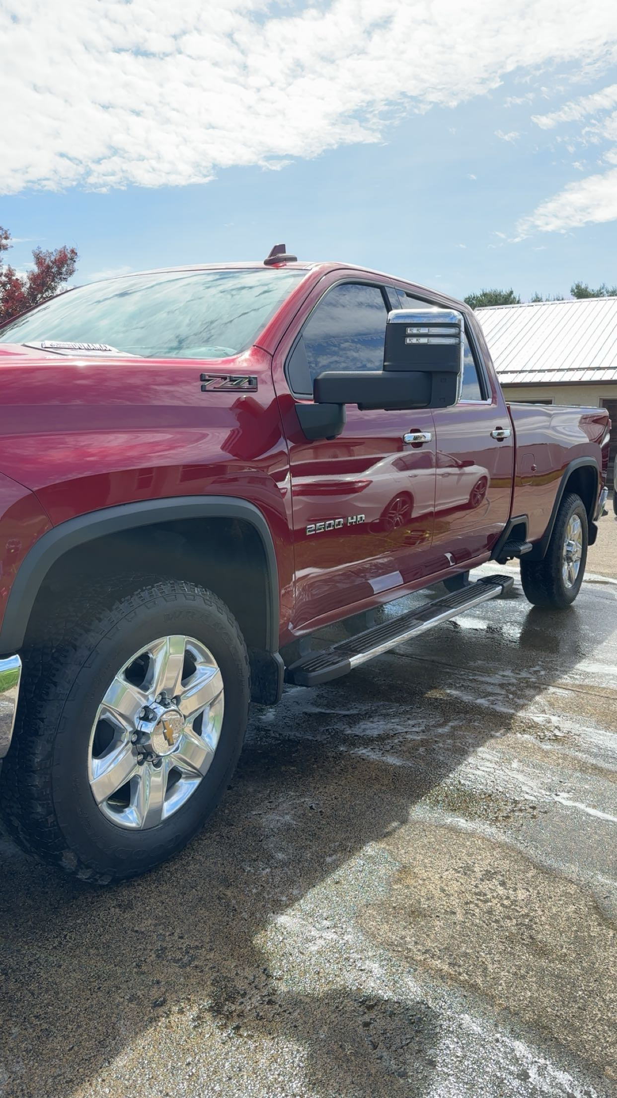 Red Chevy truck after exterior wash